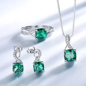 Silver Jewelry Set Women with Emerald Gemstone