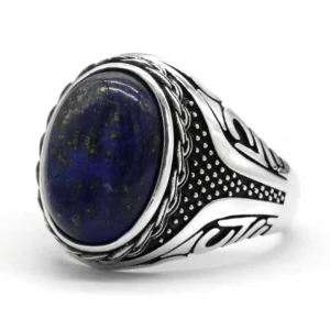 Vintage Silver Men Ring Charm Blue Stone